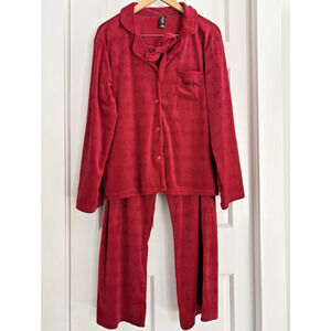 Bebe Velour Pajama Set 2-Piece Sleepwear Red Heart Logo Long Sleeves Wide Leg XL